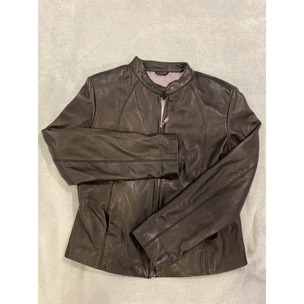 Womens Izod Large Black Leather Motorcycle jacket Purple Nylon Lining L